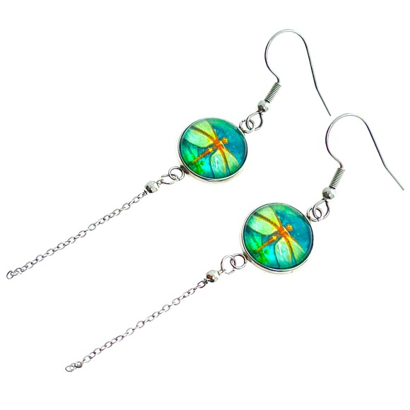 Emerald Dragonfly Chain Dangler Earrings - Picture 4 of 5